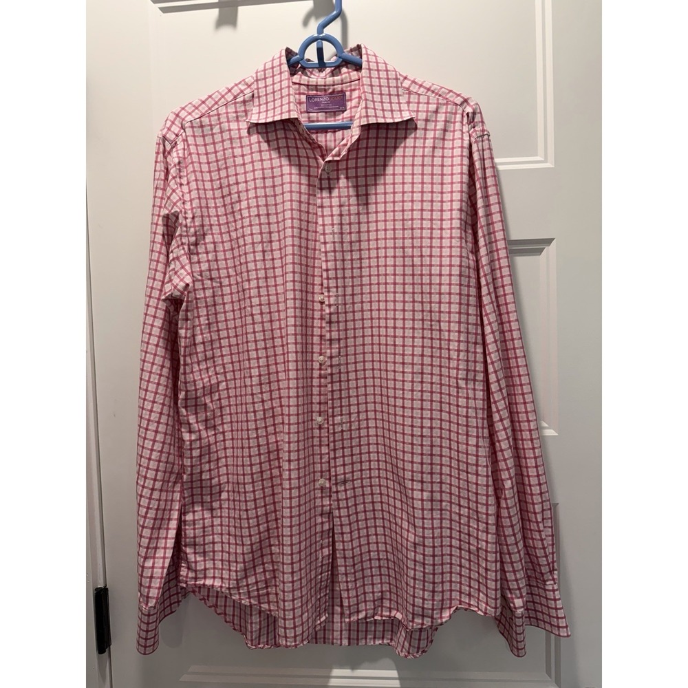 Lorenzo Uomo Trim Fit Dress Shirt Mens 15.5 34/35 Pink Check 100% Cotton